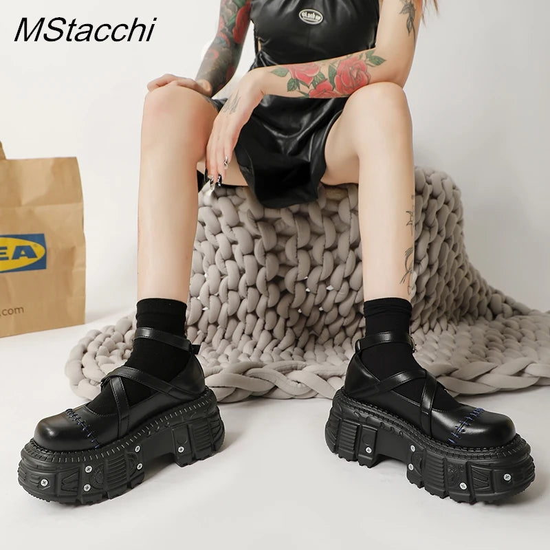 Flat Platform Rivet Buckle Strap Shoes