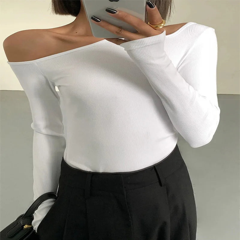 Collar Off-shoulder Long-sleeved T-shirt