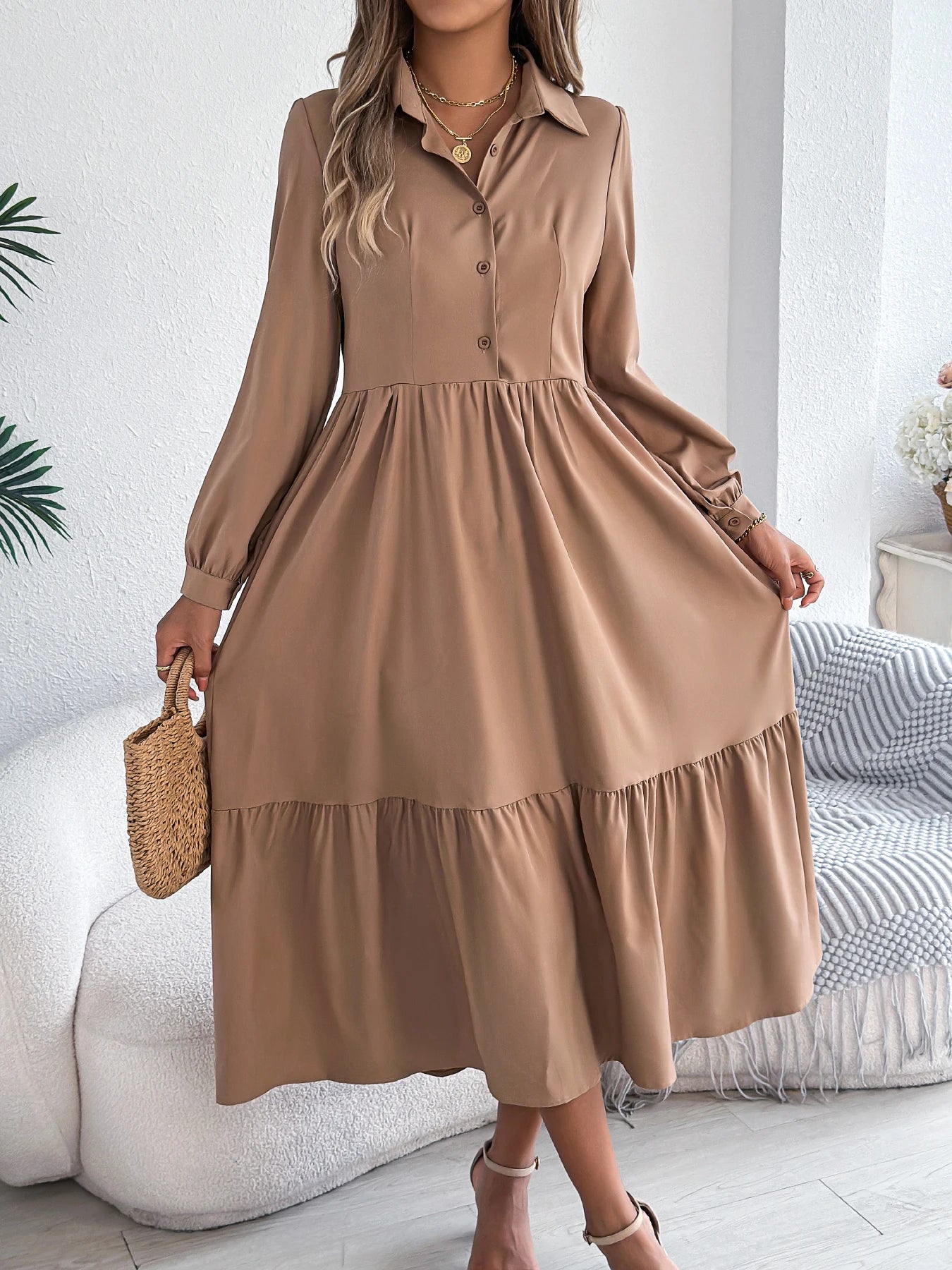 Casual Long Sleeved Mid-calf Dress
