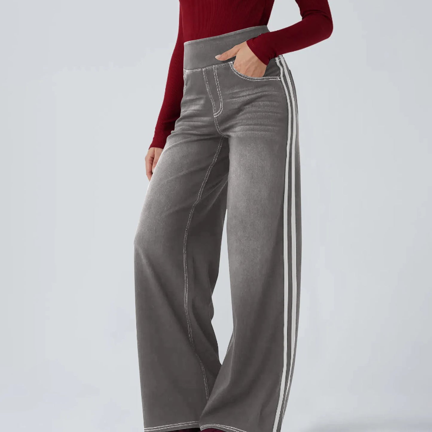 Washed Side Striped Wide-Leg Jean