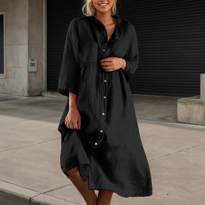 Long Sleeve Button O-neck Loose Dress