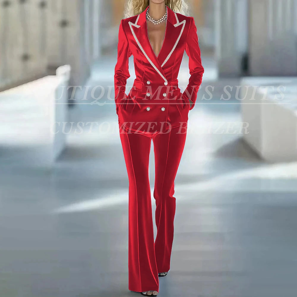 Fashion Women's Suits 2 Piece Jacket Pants Sets Elegant Double Breasted Female Velvet Clothing Office Lady Outfits Costume