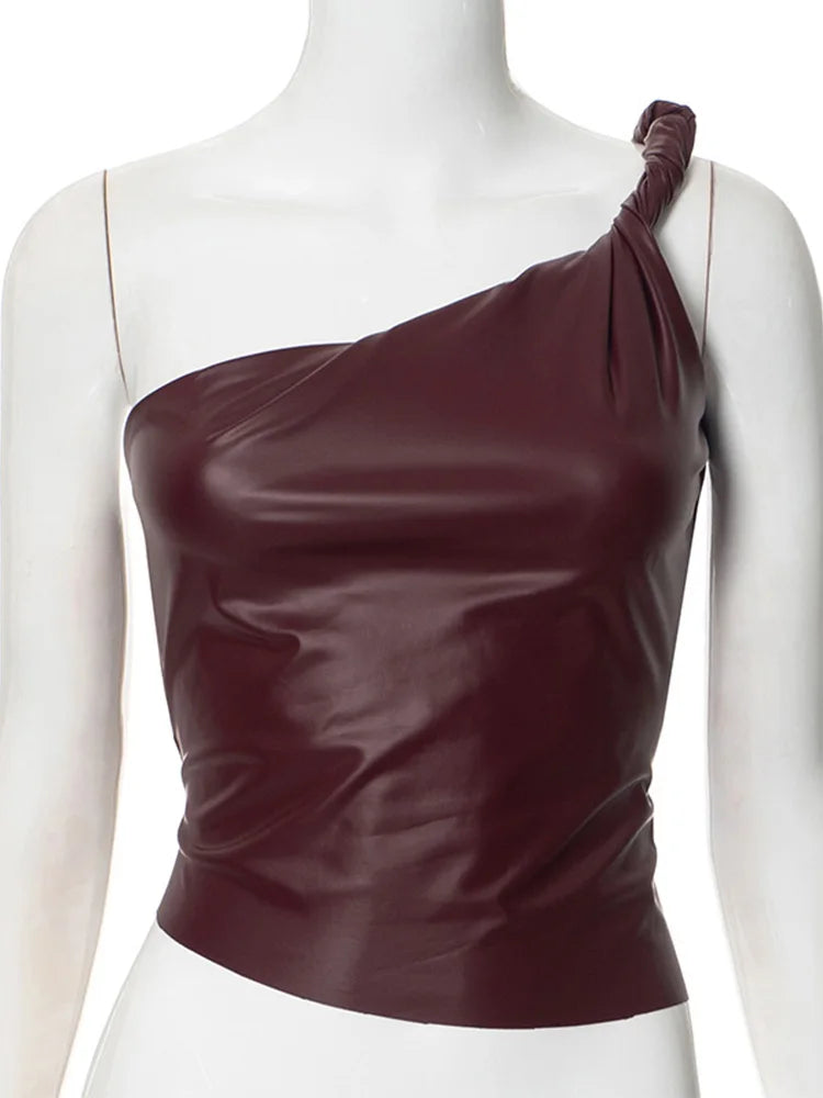 Wine Red Pu Leather Crop Top