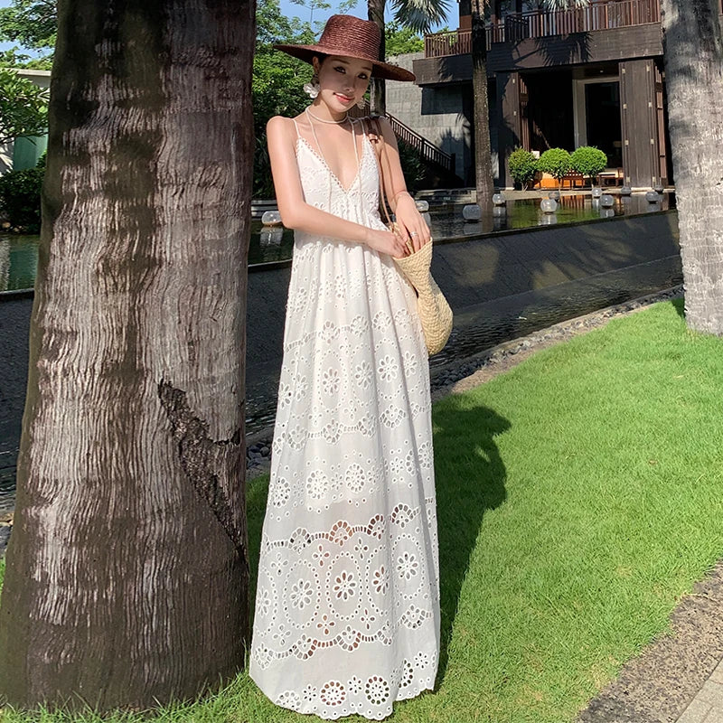 White Embroidery V-Neck Dress