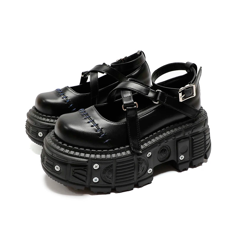 Flat Platform Rivet Buckle Strap Shoes