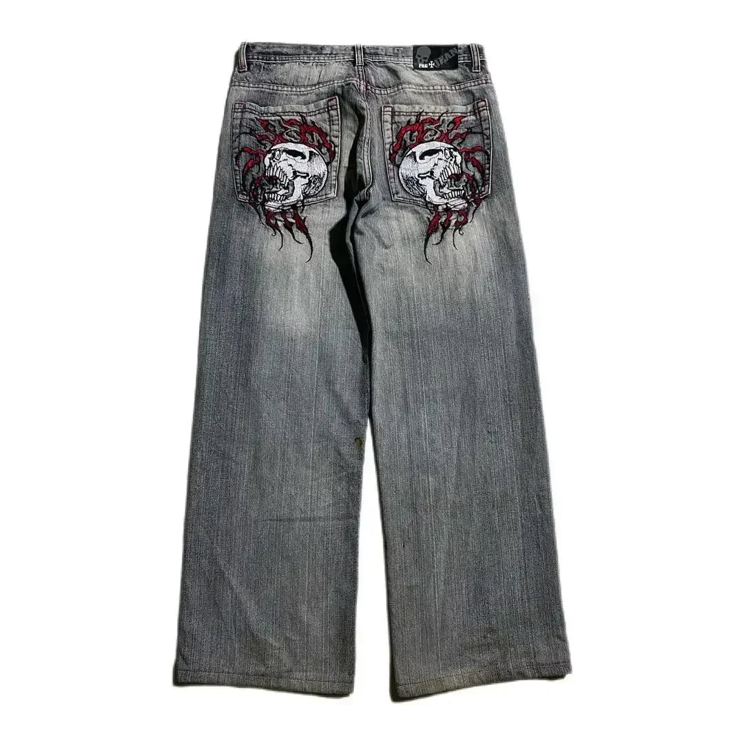 Baggy Red Print Grey Washed Unsex Wide Leg Jean