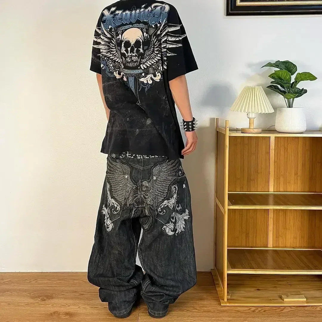 Baggy Red Print Grey Washed Unsex Wide Leg Jean