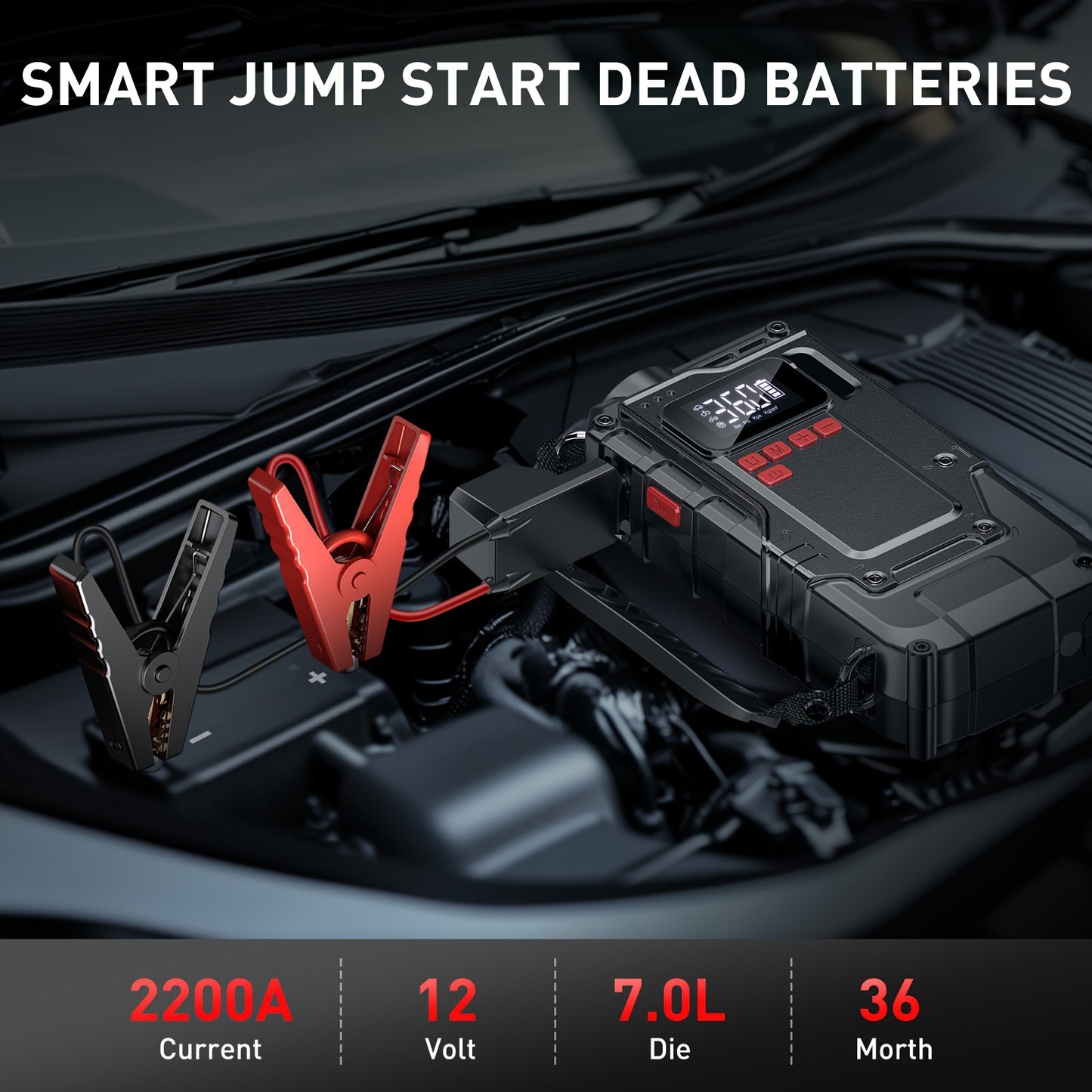 2200A 150PSI Portable Car Jump Starter With Air Compressor, Large LCD Display, Lights, 12V Jump Box