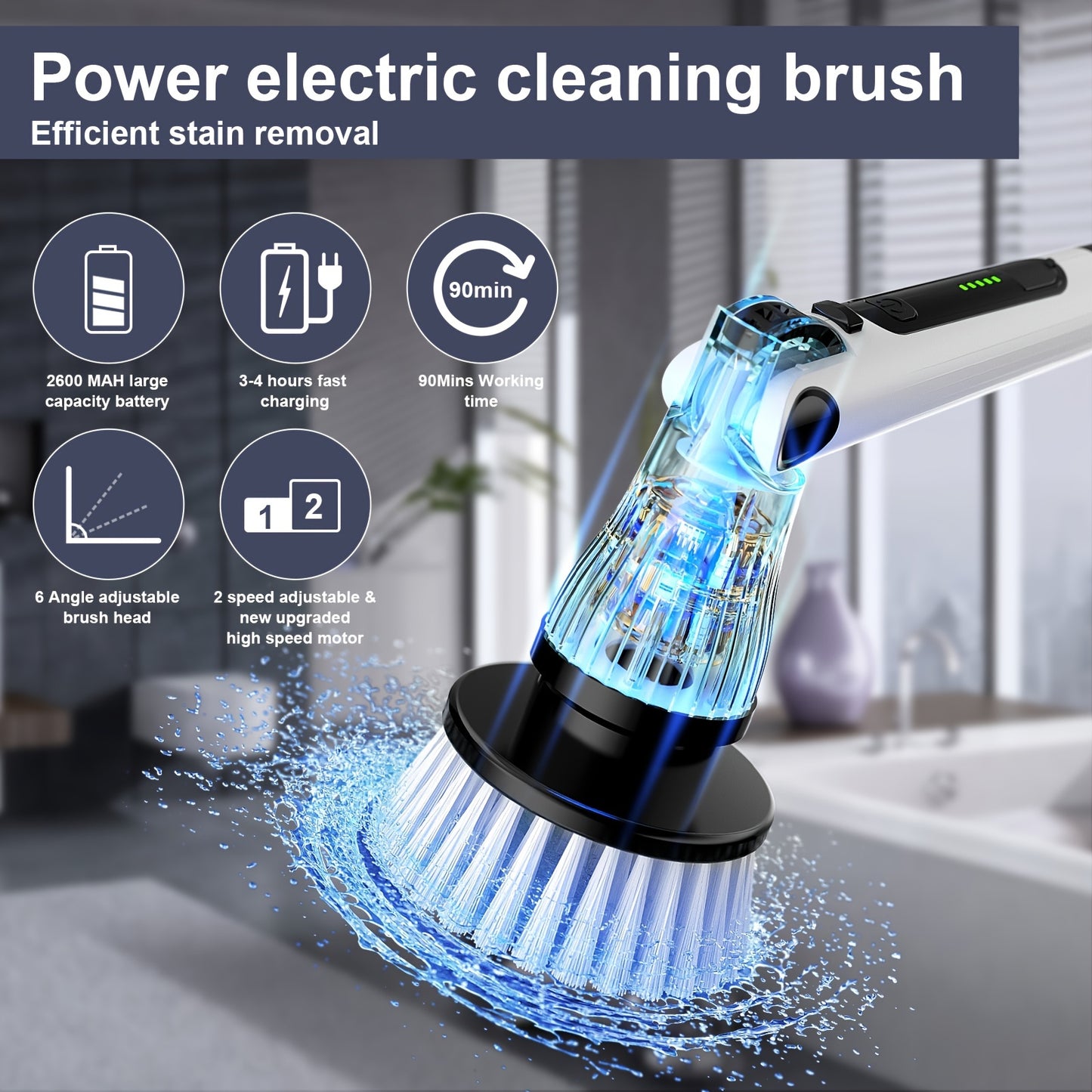 Electric Spin Scrubber, Cordless Cleaning Brush with 8 Replaceable Brush Heads and 2-Speed Control, Adjustable Shower Scrubber with Retractable Extension Handle