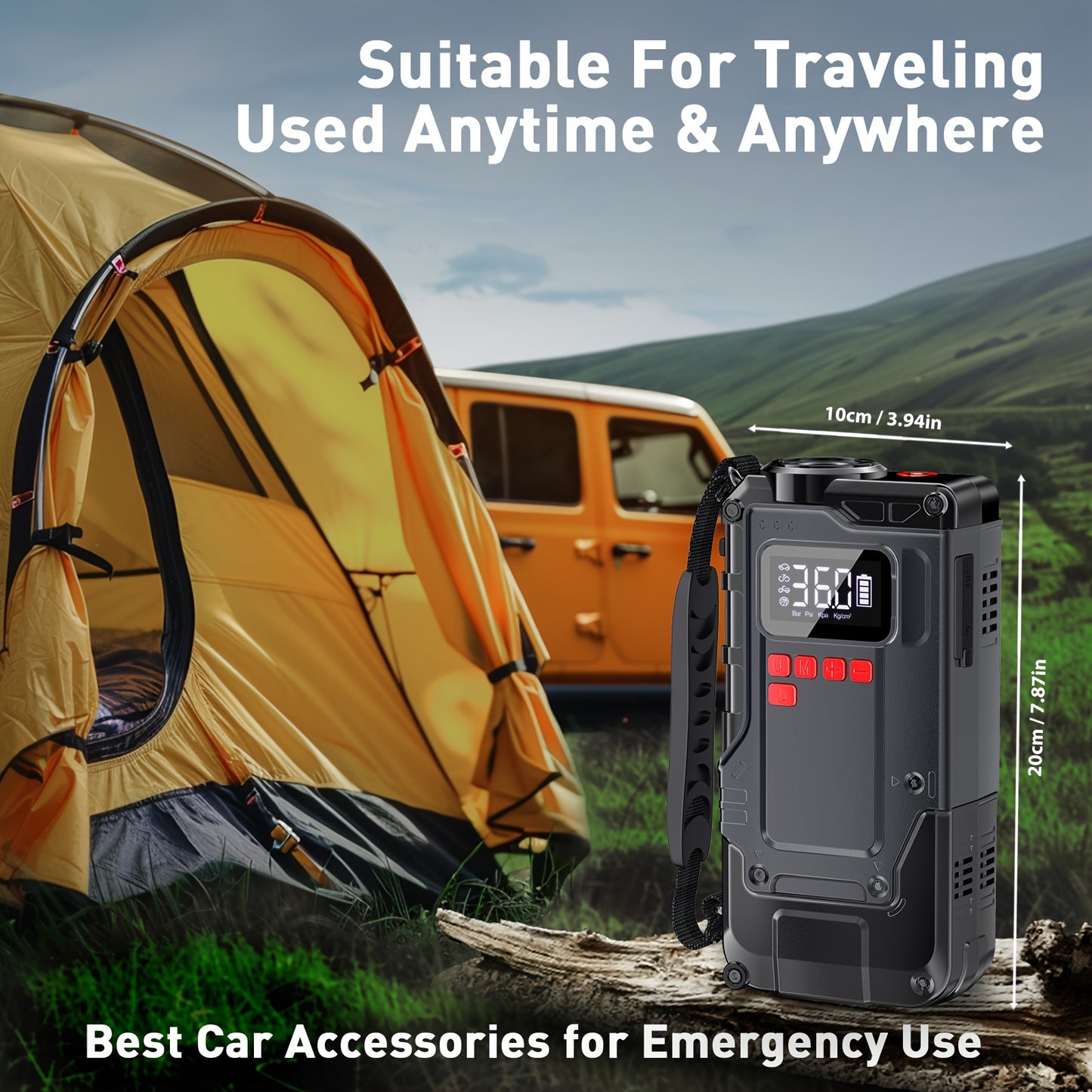 2200A 150PSI Portable Car Jump Starter With Air Compressor, Large LCD Display, Lights, 12V Jump Box